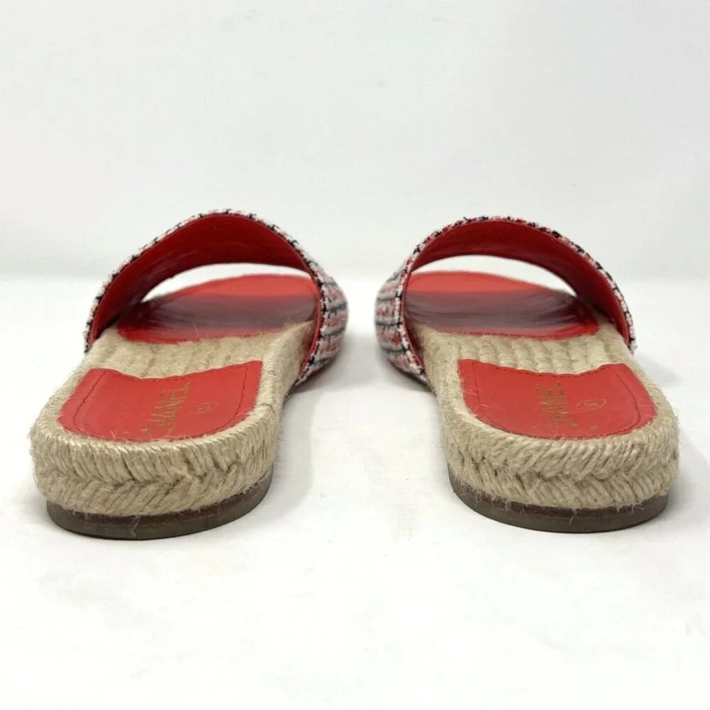 Chanel Logo Tweed Slide Espadrilles Sandals Orange Red White EU‎ 40